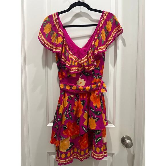 FARM RIO Pink Flowers Tapestry V-Neck Mini Dress Sz S - Picture 6 of 13